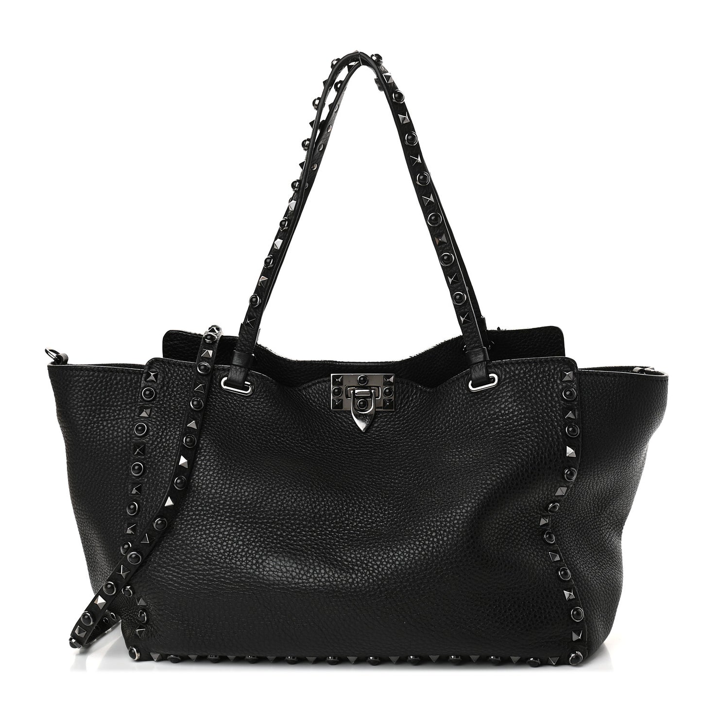 Grained Calfskin Onyx Medium Rockstud Rolling Tote Black