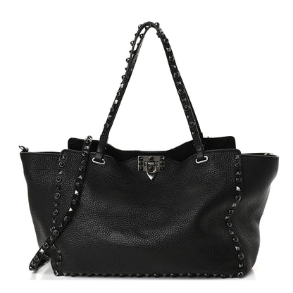 Valentino Garavani Grained Calfskin Onyx Medium Rockstud Rolling Tote Black 1 of 9