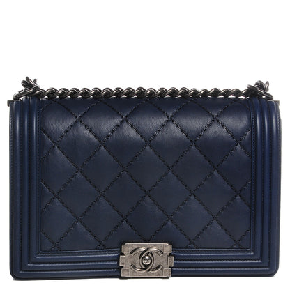 Chanel Calfskin Quilted Double Stitch New Medium Boy Flap Navy Blue 1 of 9