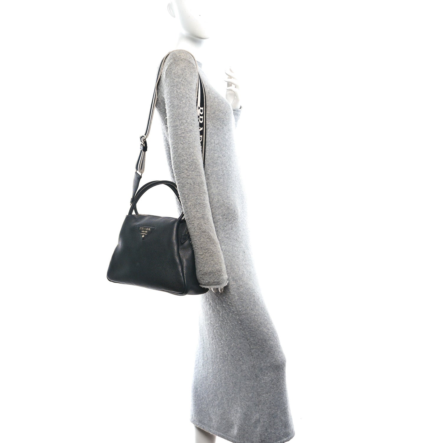 Prada Vitello Daino Soft Medium Zippered Top Handle Bag Black 2 of 9