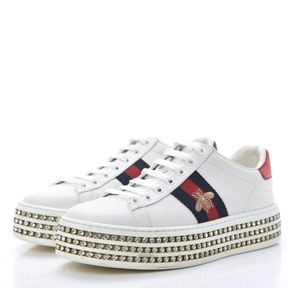 Gucci Calfskin Crystal Web Bee Embroidered Womens Ace Platform Sneakers 36 White 3 of 13