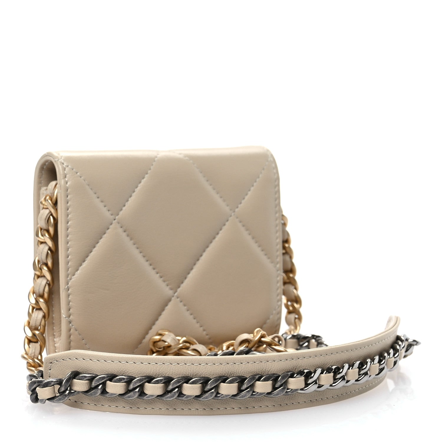 Chanel Lambskin Quilted Chanel 19 Flap Coin Purse With Chain Beige 4 of 12