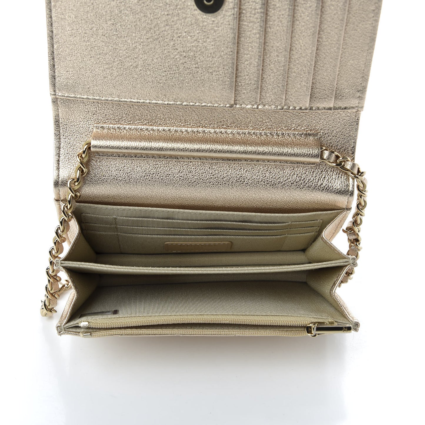 Metallic Lambskin Quilted Mini Wallet On Chain WOC Gold