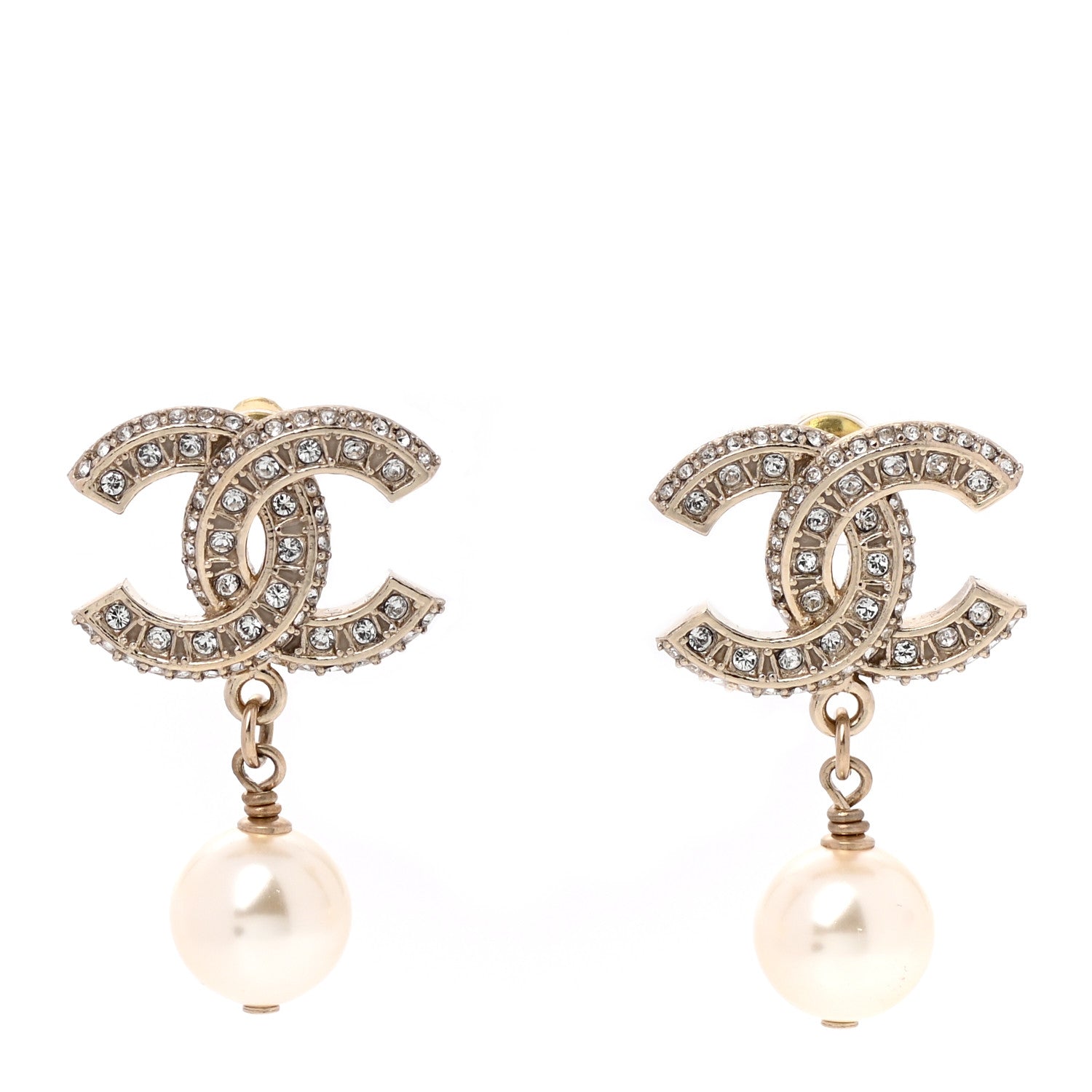 Chanel Crystal Pearl CC Drop Earrings Gold 1 of 4