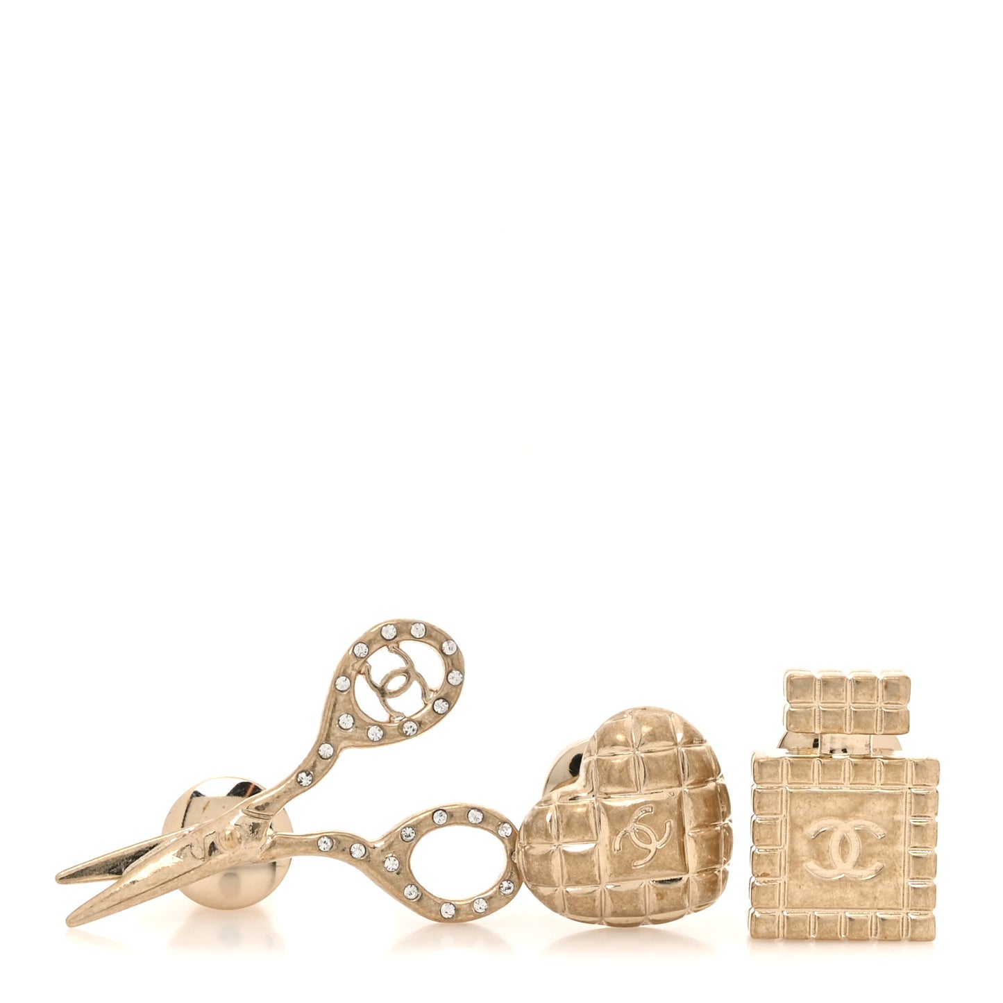 Metal Strass Crystal Quilted CC Heart Scissors Perfume Brooch Set Gold