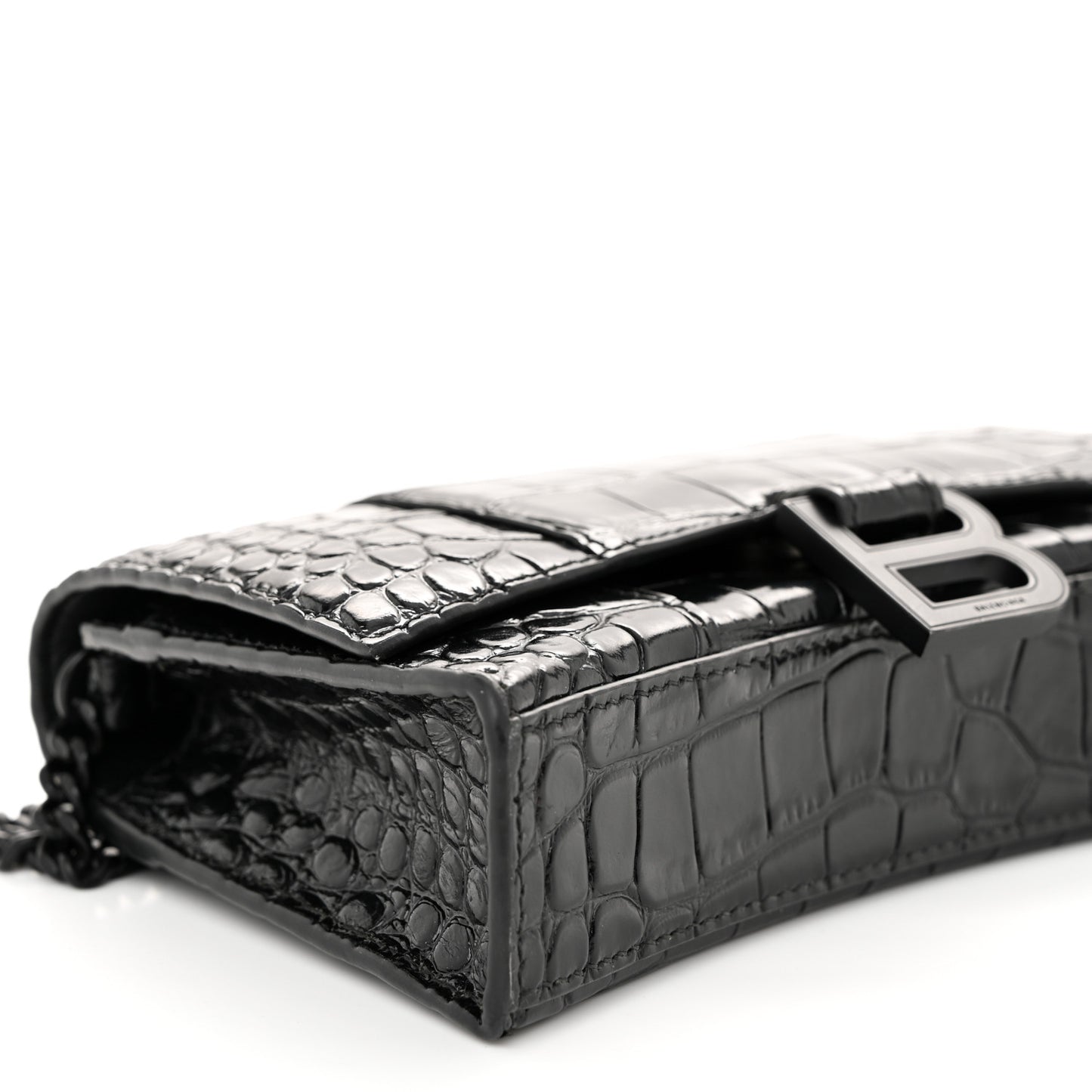 Shiny Calfskin Monochrome Crocodile Embossed Hourglass Chain Bag Black