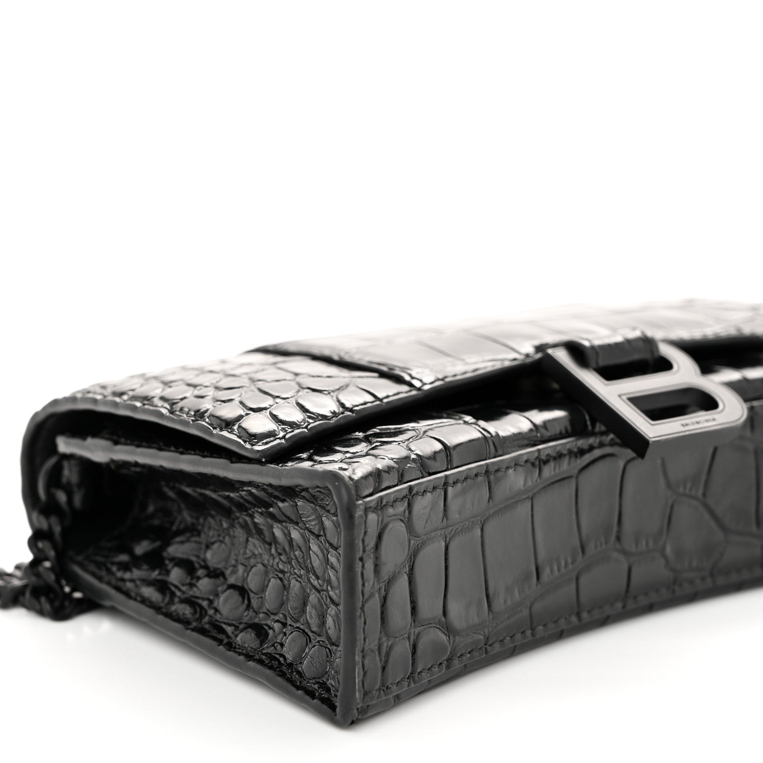 Balenciaga Shiny Calfskin Monochrome Crocodile Embossed Hourglass Chain Bag Black 8 of 9