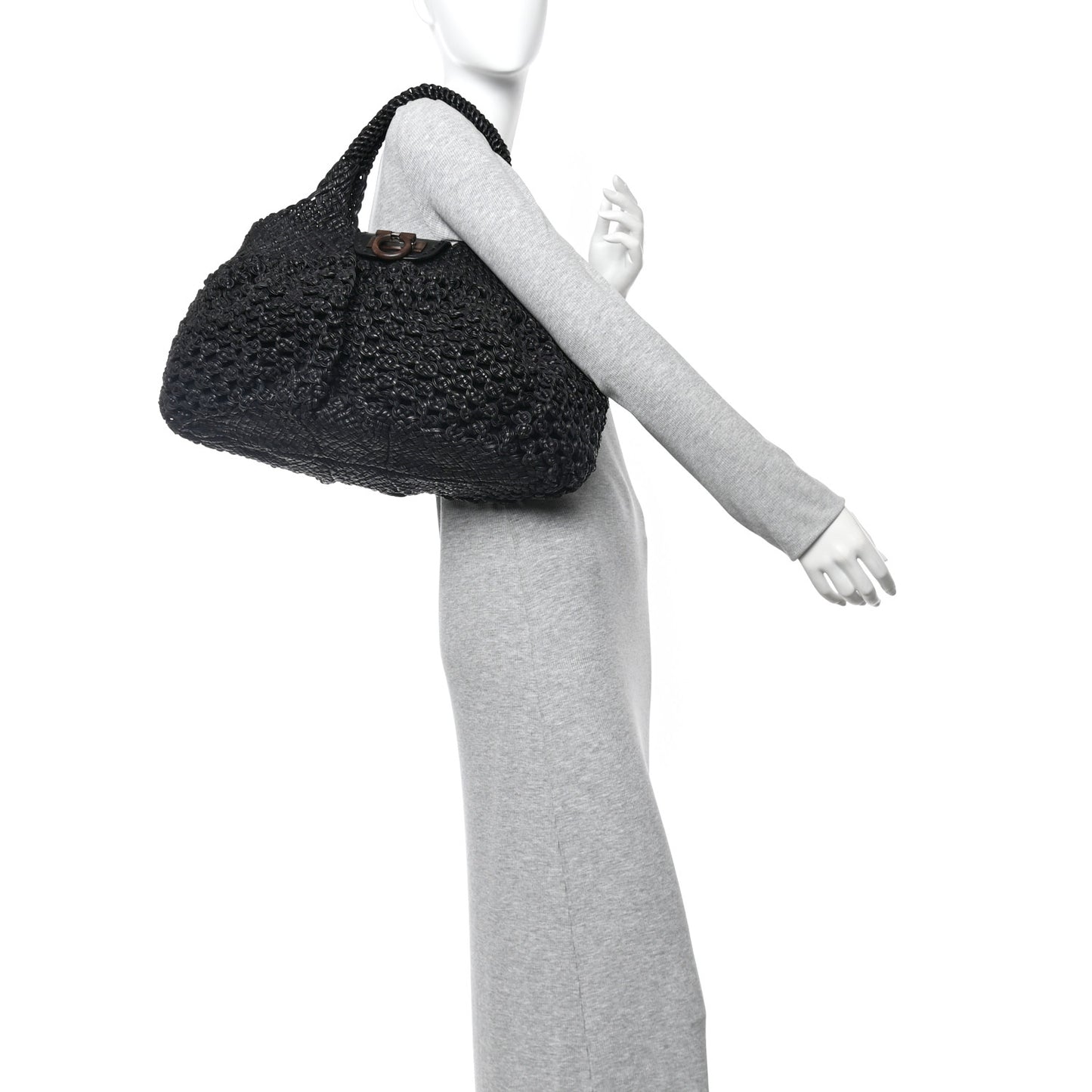 Woven Calfskin Gancini Shoulder Bag Black