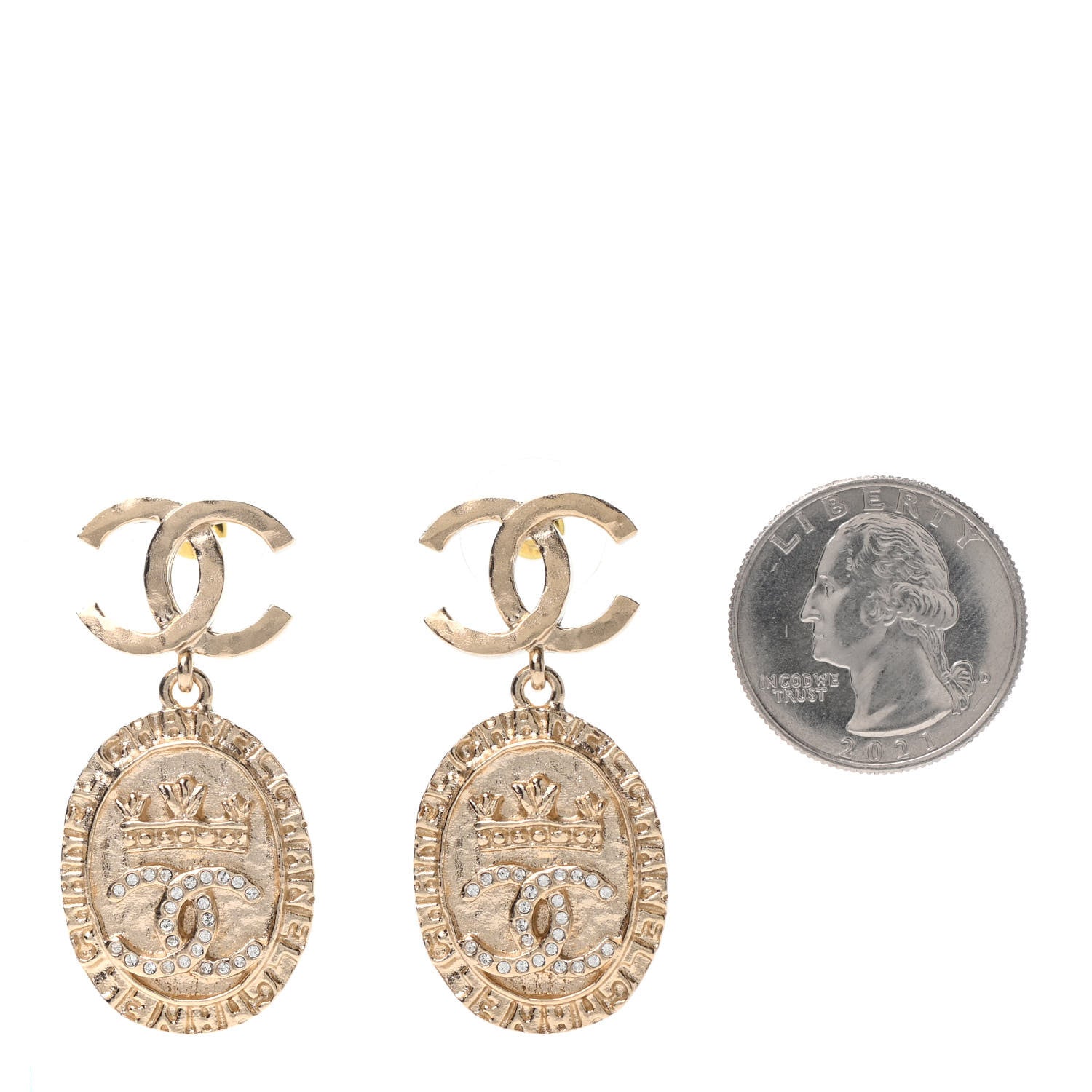 Chanel Crystal CC Medallion Drop Earrings Gold 2 of 4