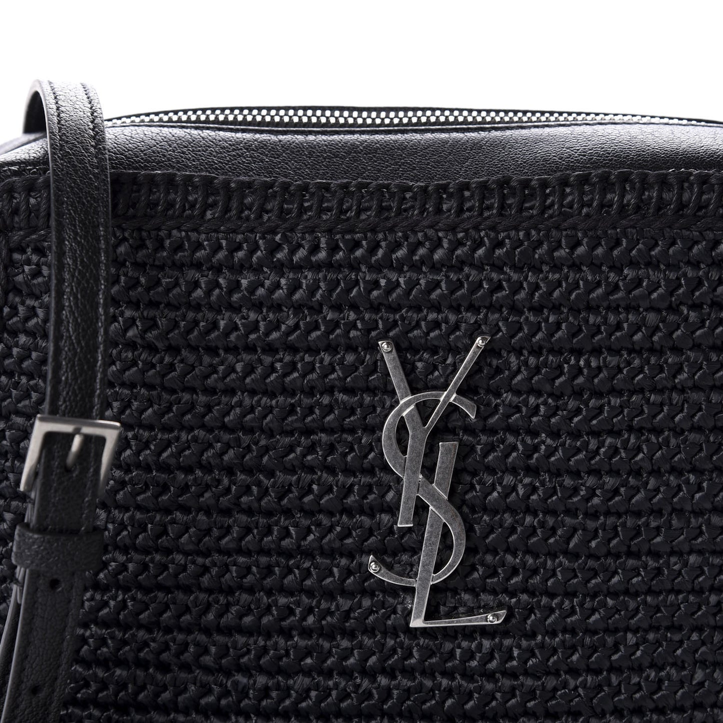 Raffia Calfskin Monogram Lou Camera Bag Black