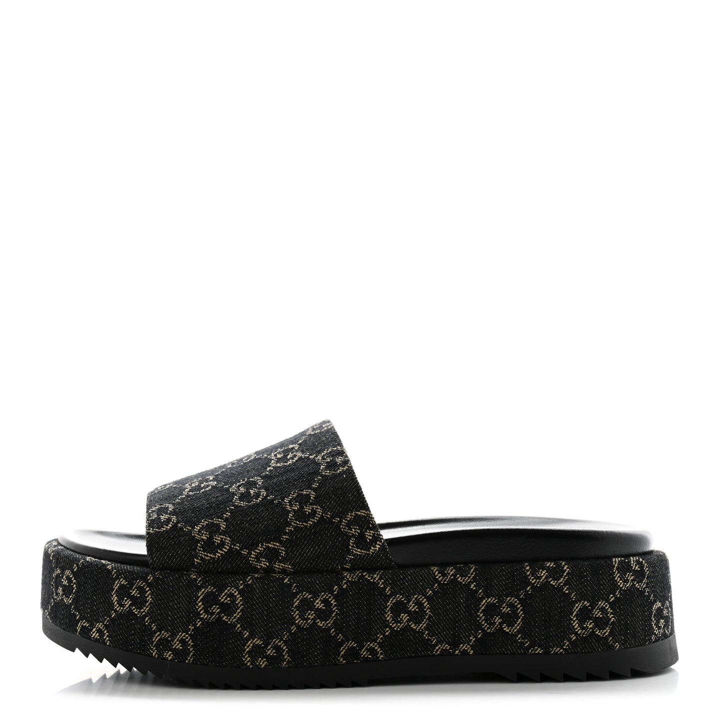 Jacquard Black Denim GG Monogram Angelina Platform 55mm Slide Sandals 38 Black Ivory