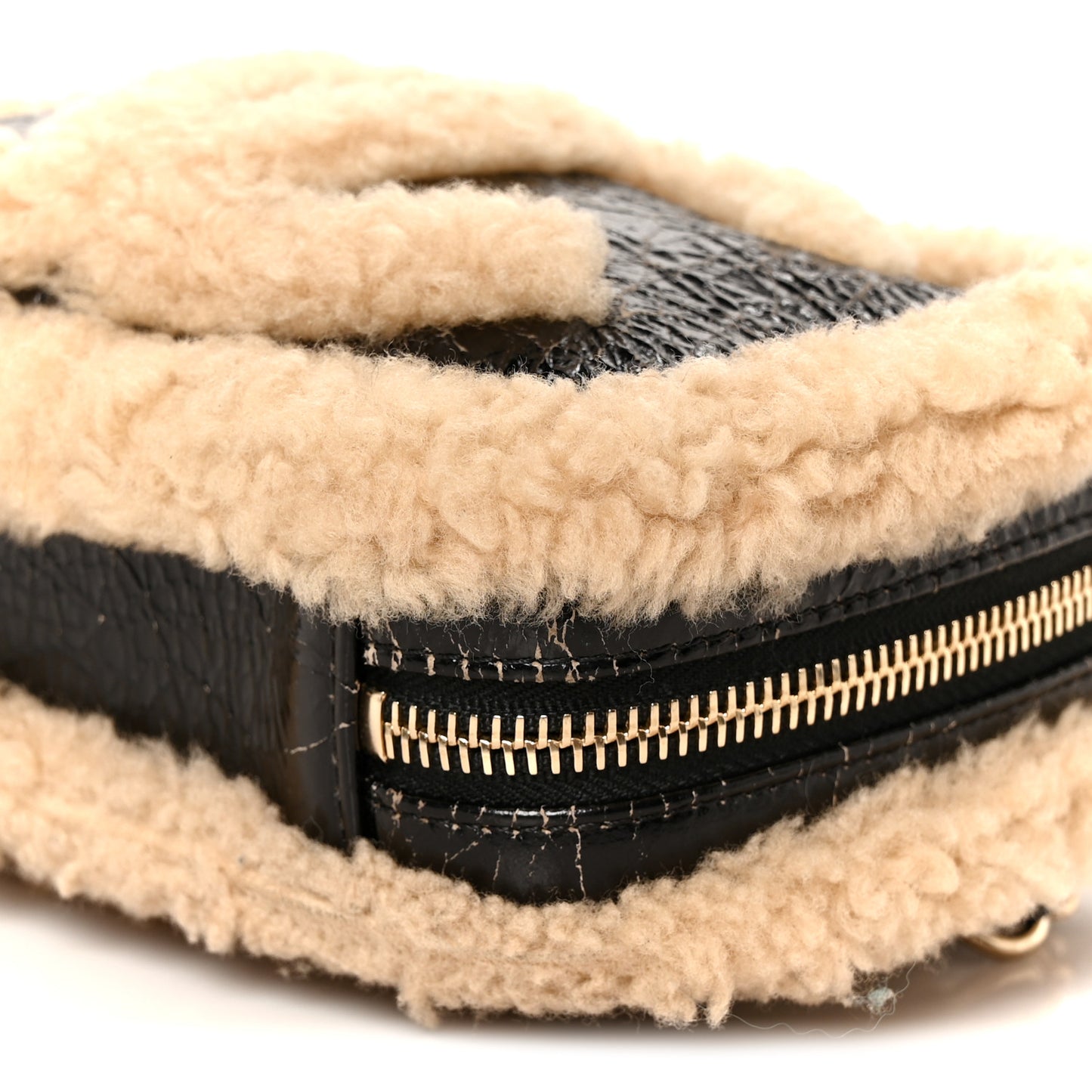 Shiny Crumpled Sheepskin Shearling Waist Bag Black Beige