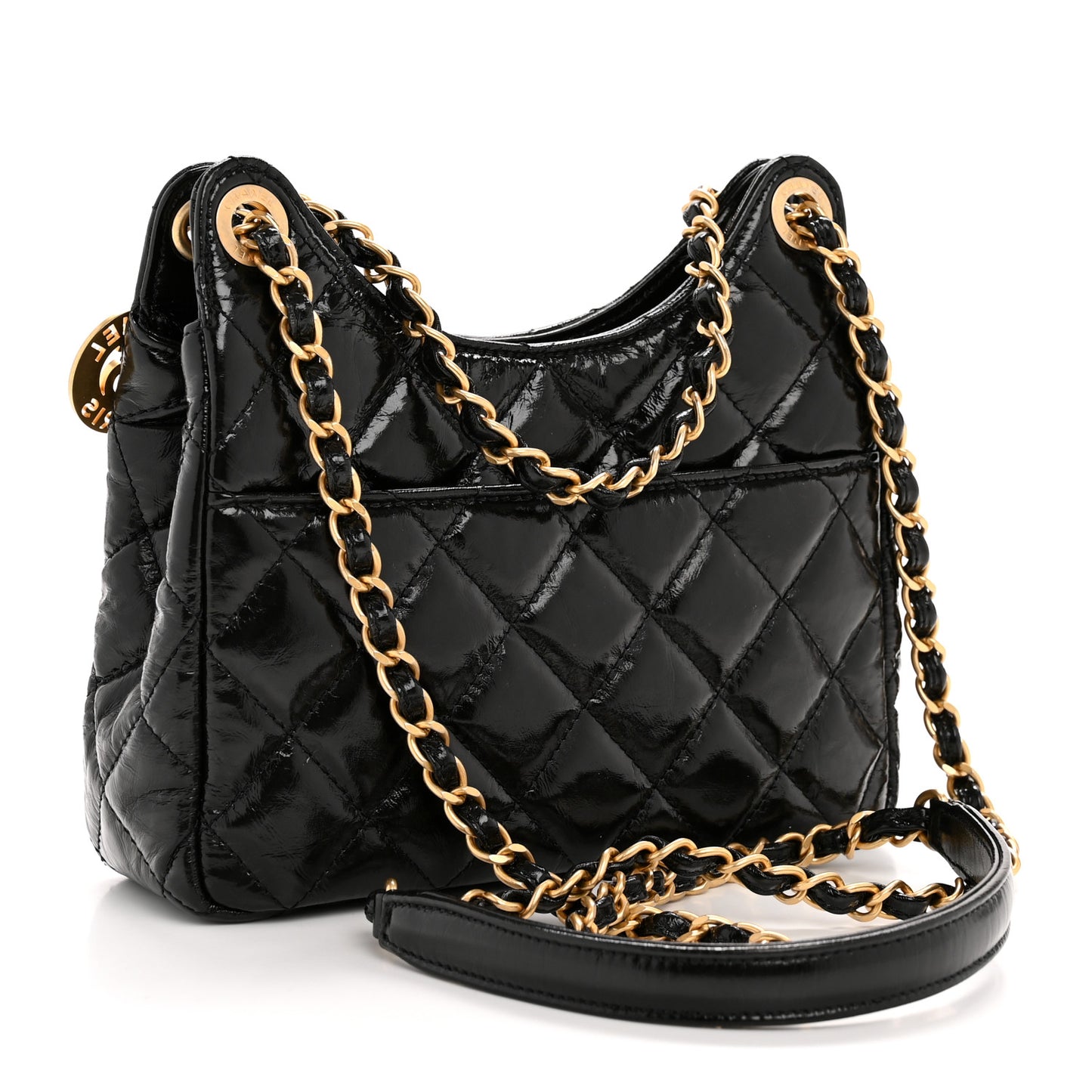 Shiny Crumpled Calfskin Quilted Small Wavy CC Hobo Black