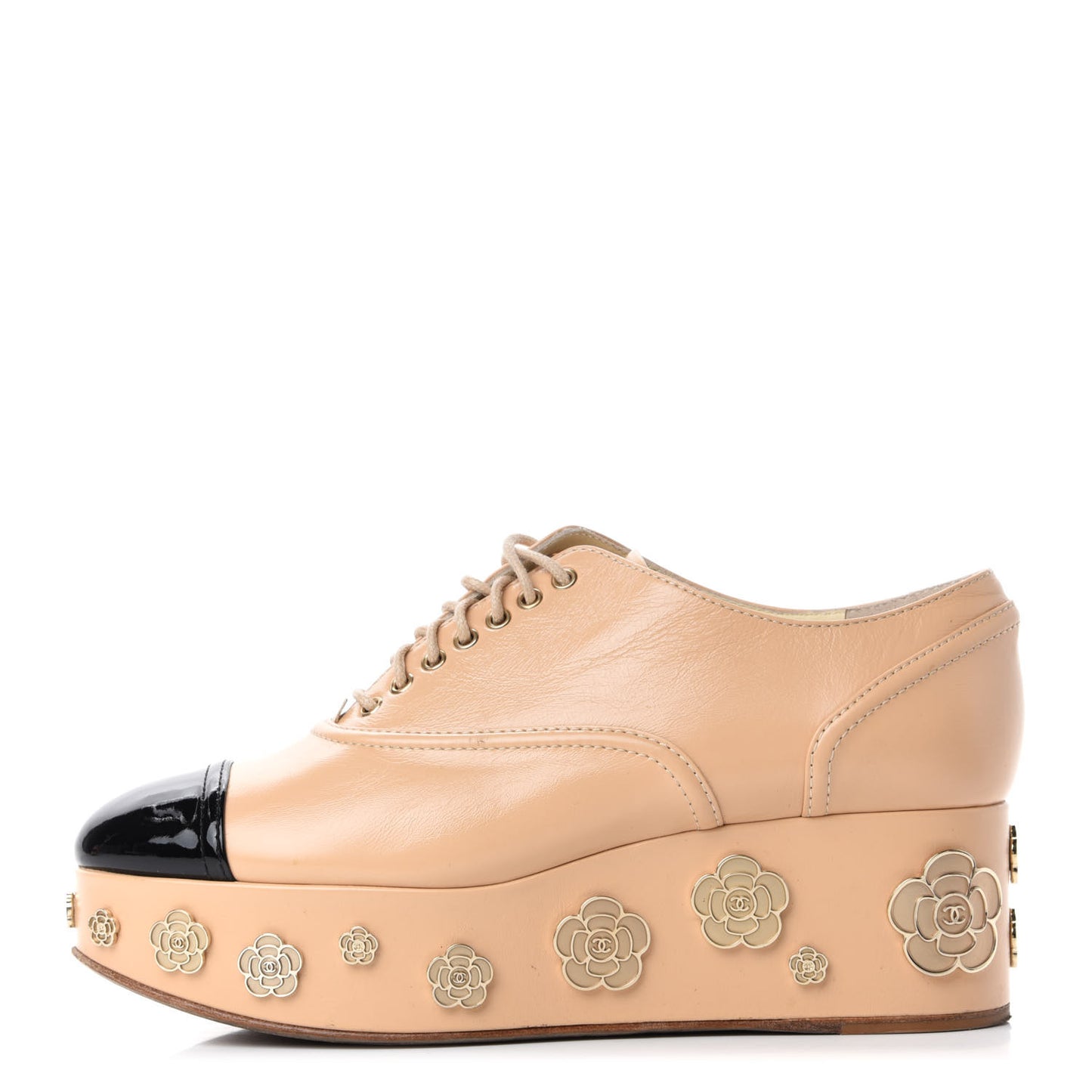 Crumpled Calfskin Lace Up Platform Oxford 38.5 Beige Black