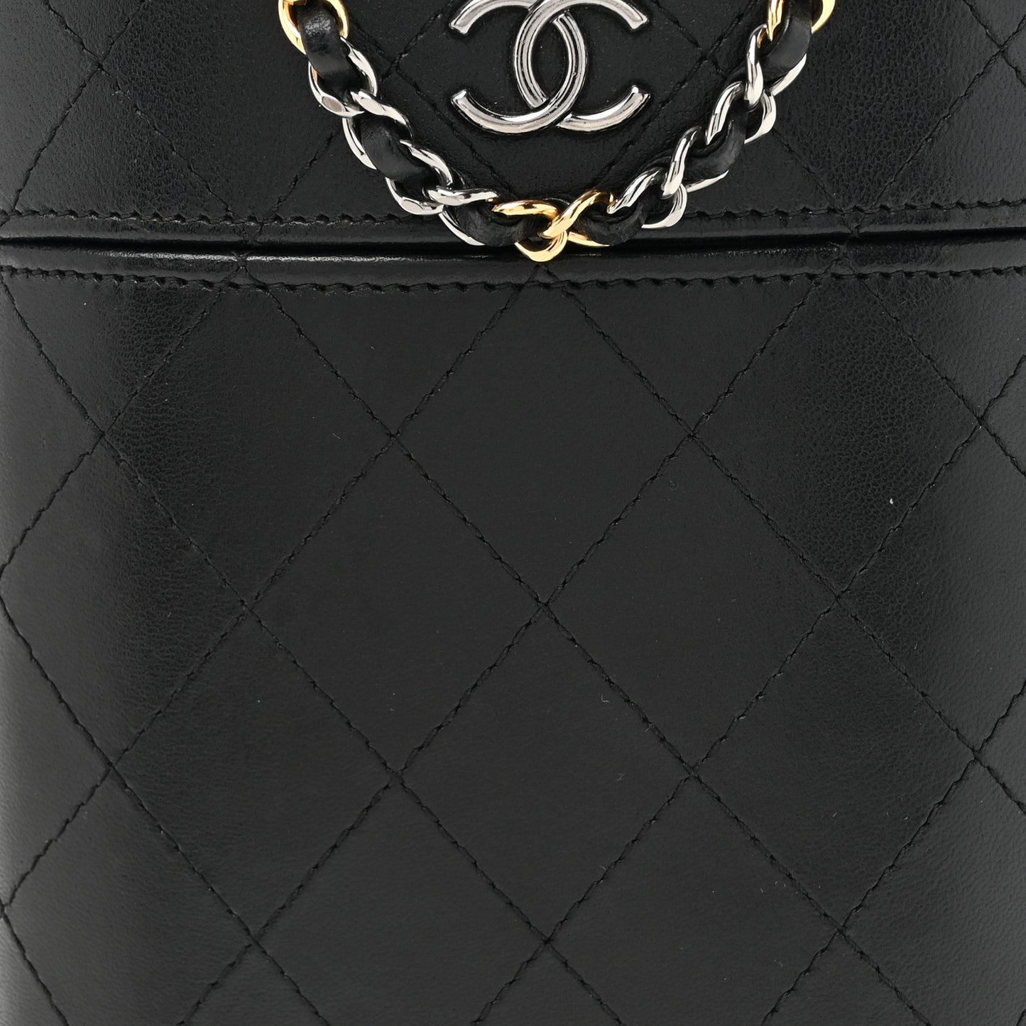 Lambskin Quilted Chain Around Phone Holder Black