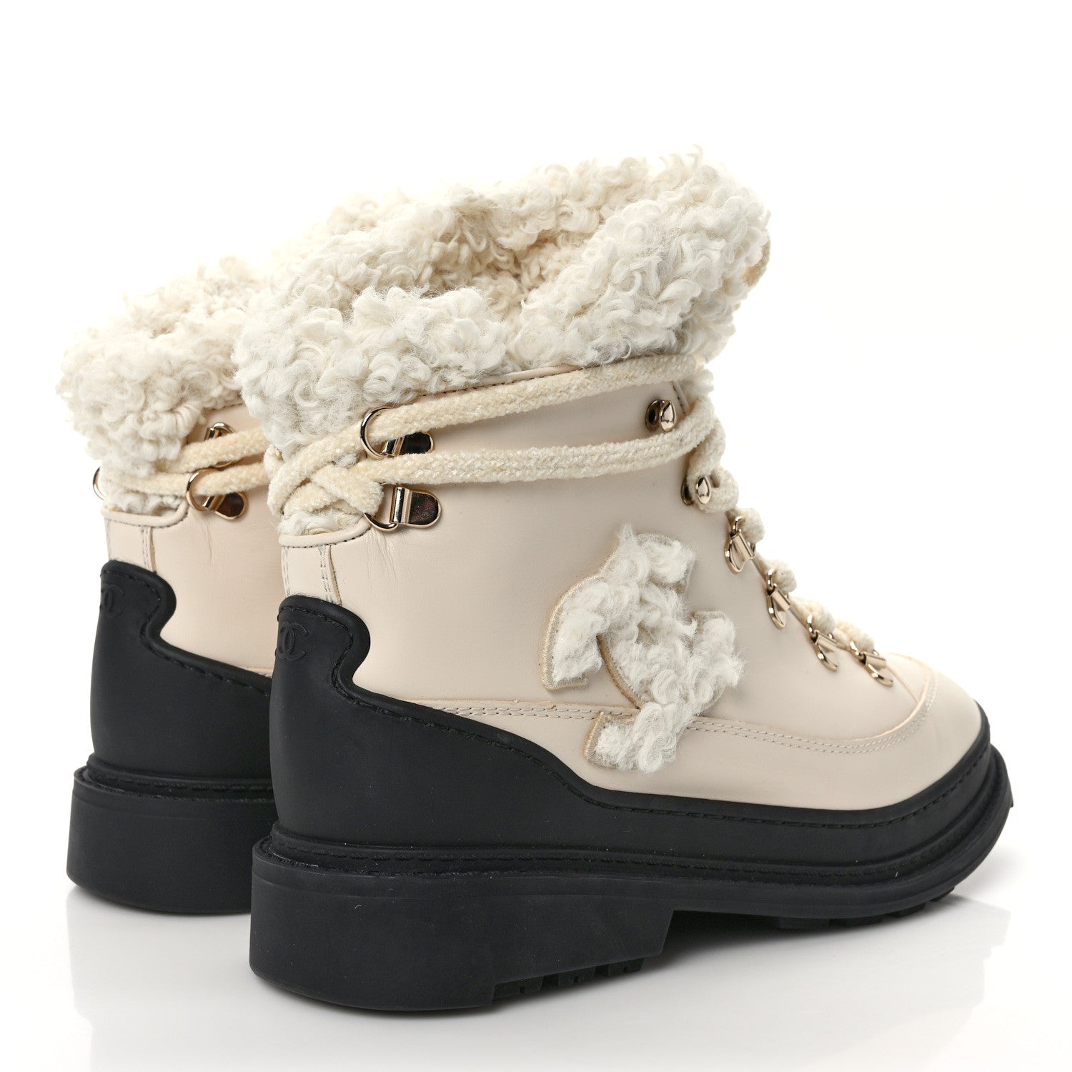 Chanel Calfskin Shearling CC Lace Up Boots 38 Light Beige Ivory 4 of 12