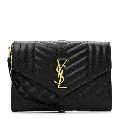Saint Laurent Grain De Poudre Textured Mixed Matelasse Triquilt Monogram Clutch Black 1 of 10