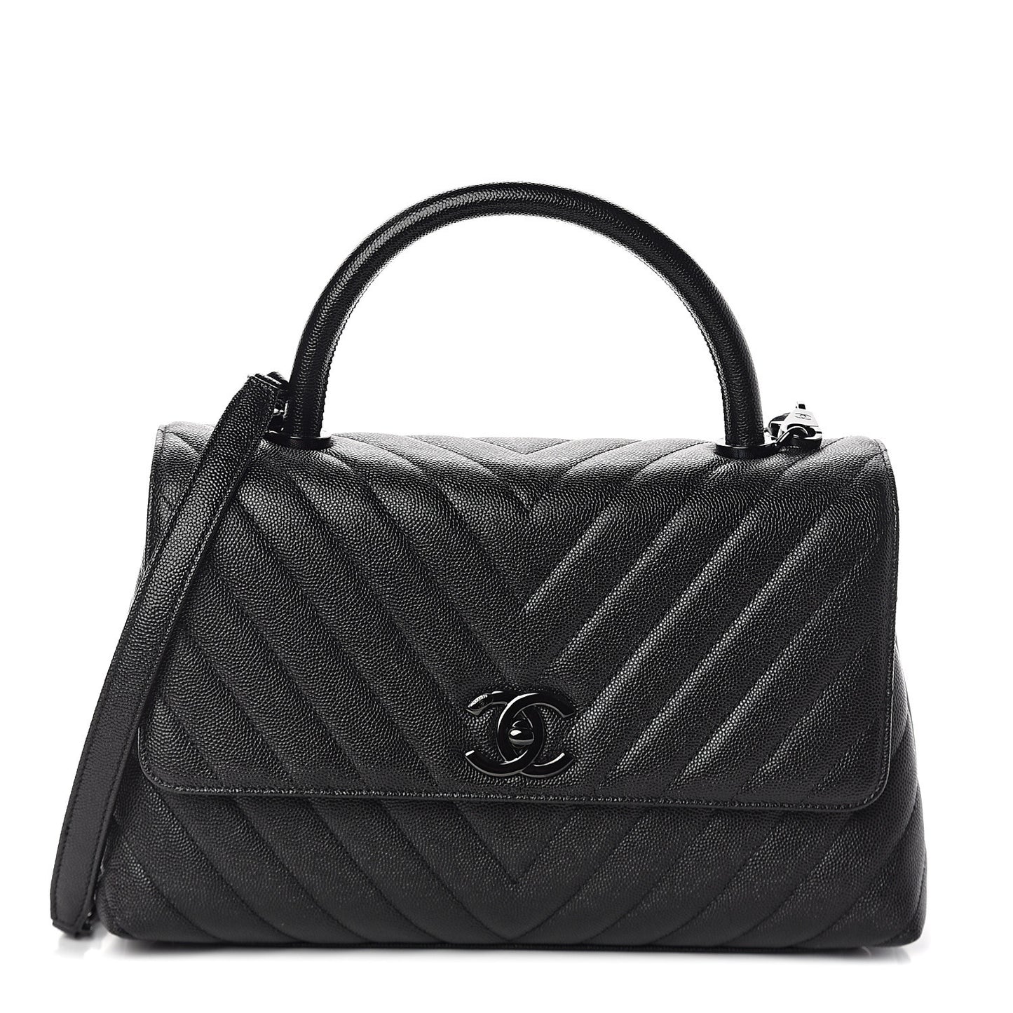 Caviar Chevron Quilted Small Coco Handle Flap So Black