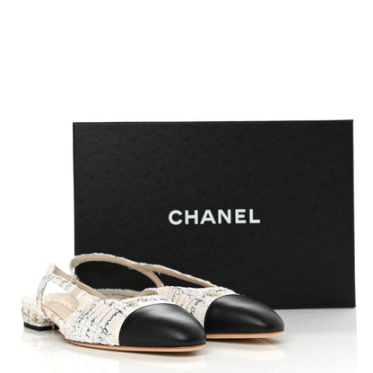 Chanel Tweed Lambskin Cap Toe CC Slingback Flat 40 Light Pink Beige Ecru Black 9 of 9