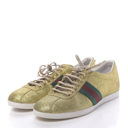 Gucci Metallic Calfskin Studded Mens Bambi Web GG Sneakers 7.5 Gold 3 of 13