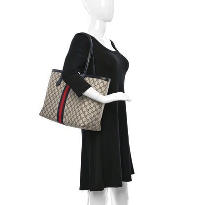 Gucci GG Supreme Monogram Textured Calfskin Web Medium Ophidia Shopping Tote Beige Blue 2 of 9