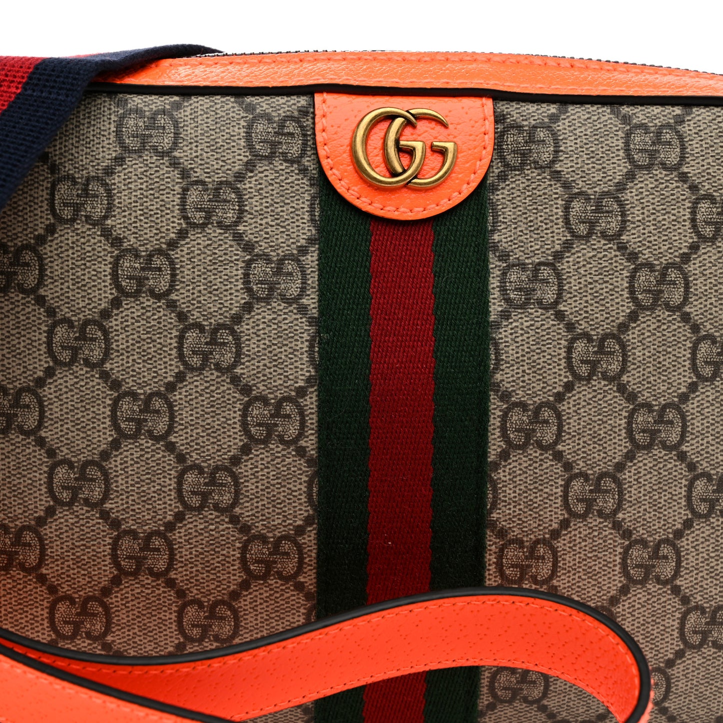 GG Supreme Monogram Textured Dollar Calfskin Web Ophidia Wristlet Shoulder Bag Beige Ebony Orange