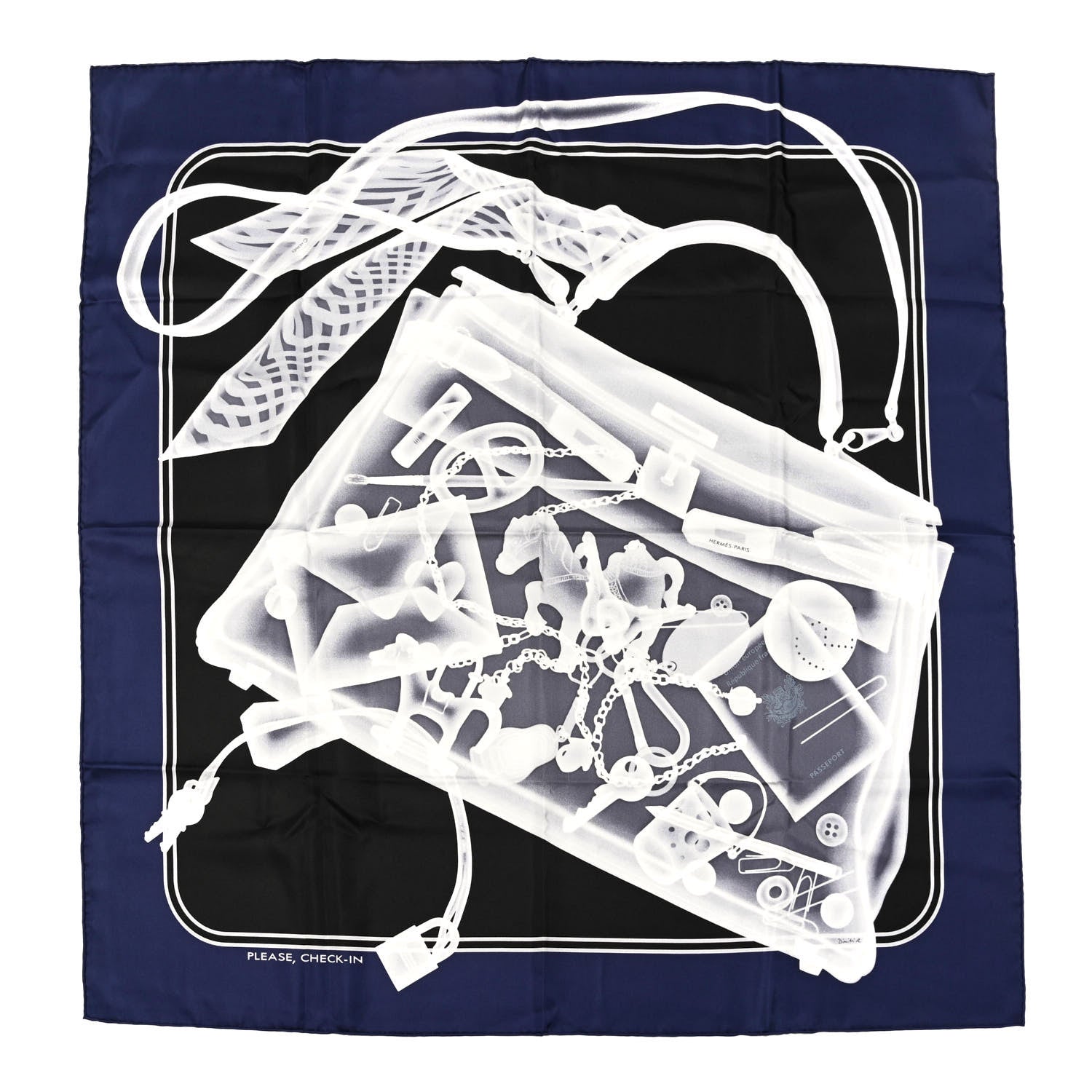 Hermes Silk Please Check In Scarf 90 Marine Black White 1 of 6