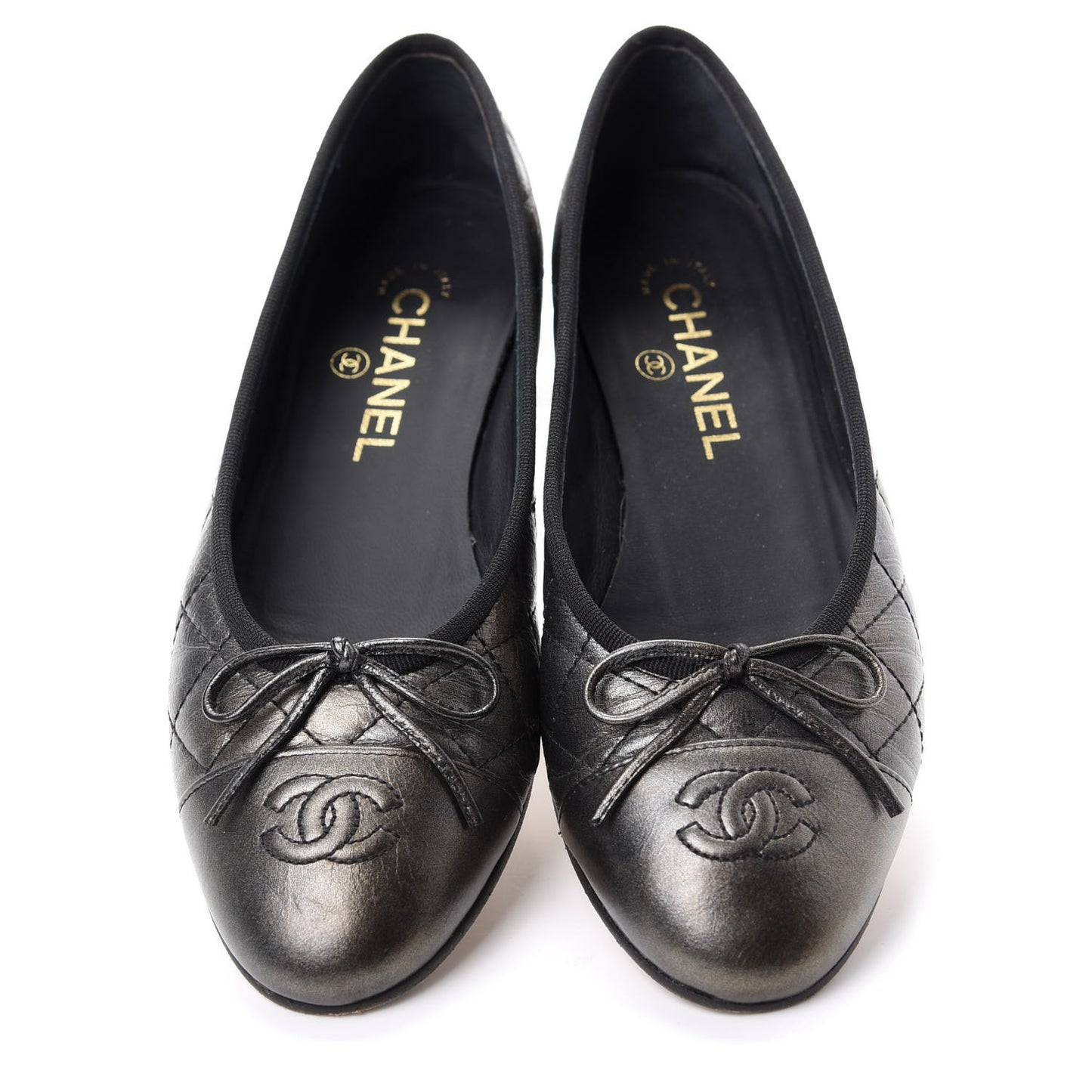 Metallic Aged Calfskin Quilted CC Cap Toe Ballerina Flats 37.5 Dark Silver