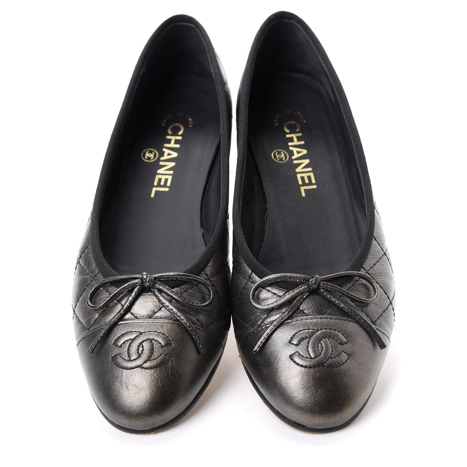 Chanel Metallic Aged Calfskin Quilted CC Cap Toe Ballerina Flats 37.5 Dark Silver 5 of 11