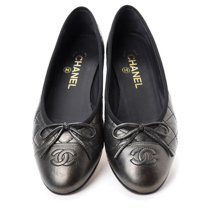 Chanel Metallic Aged Calfskin Quilted CC Cap Toe Ballerina Flats 37.5 Dark Silver 5 of 11