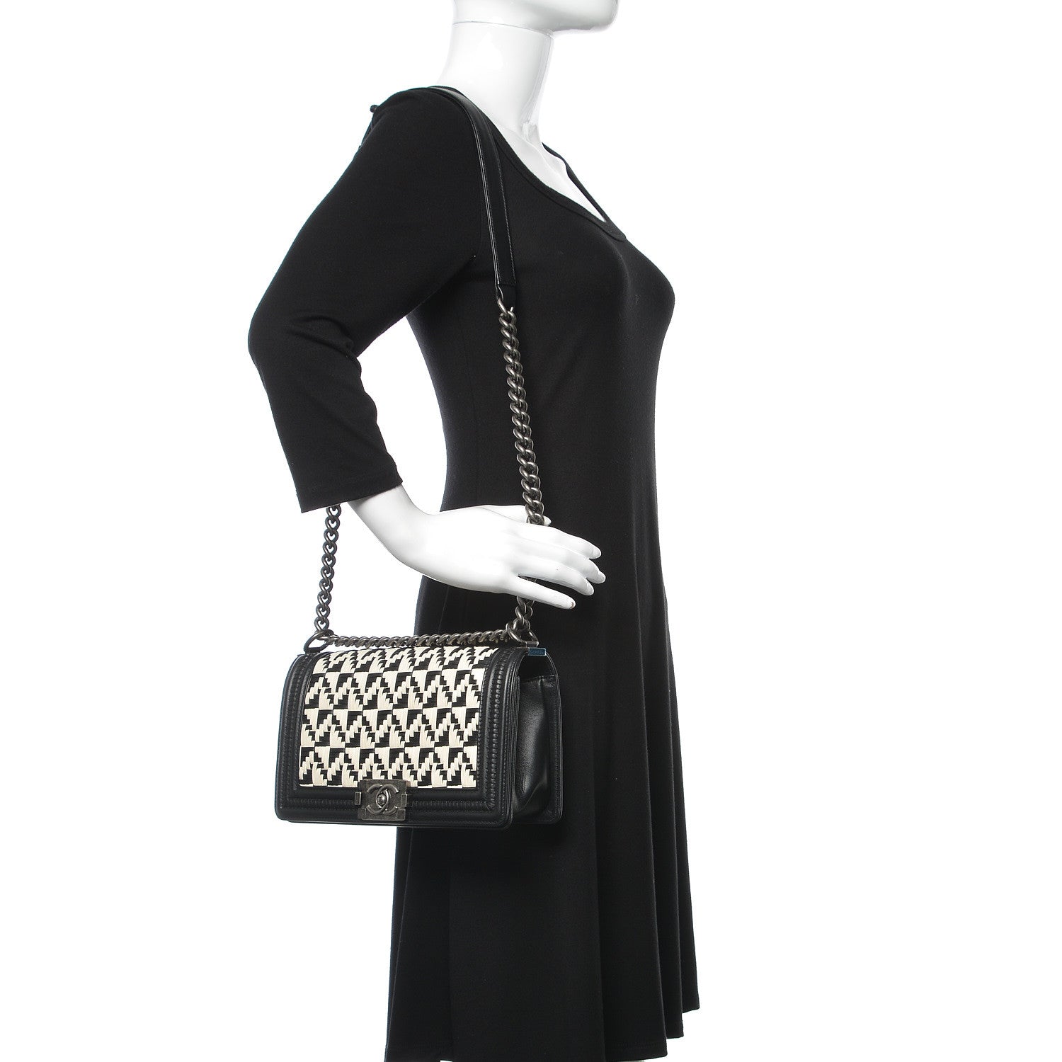 Chanel Calfskin Woven Medium Boy Flap Black White 2 of 9