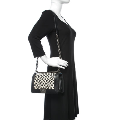 Chanel Calfskin Woven Medium Boy Flap Black White 2 of 9