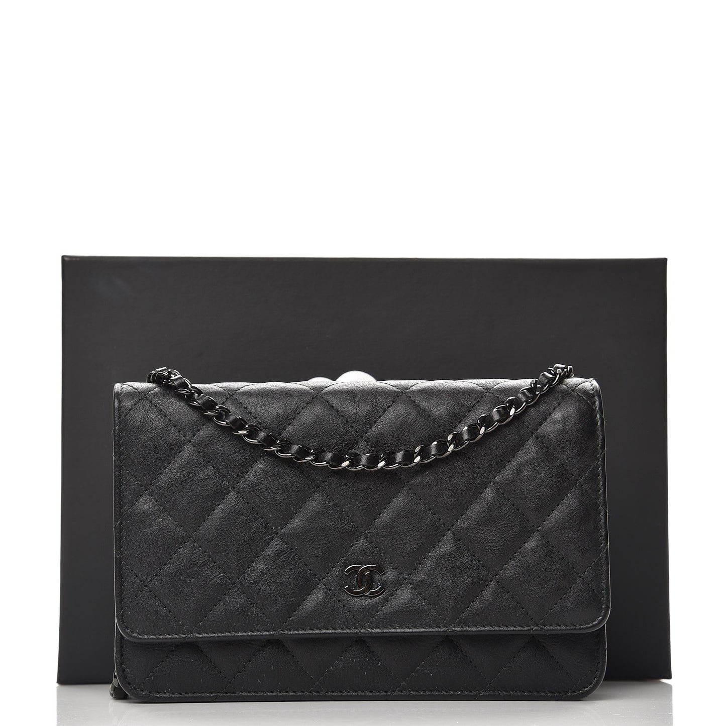 Crumpled Calfskin Quilted Wallet On Chain WOC So Black
