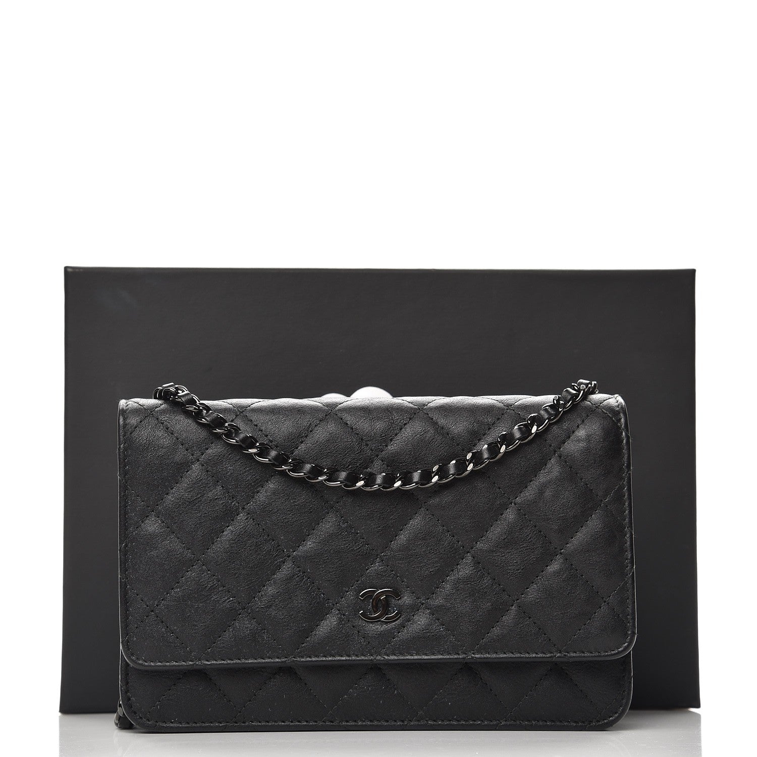 Chanel Crumpled Calfskin Quilted Wallet On Chain WOC So Black 9 of 9