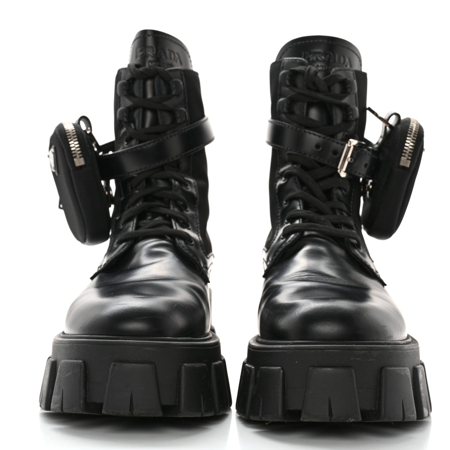 Prada Spazzolato Rois Nylon Metal Triangle Logo Monolith Pouch Pocket 55mm Boots 39 Black 2 of 12