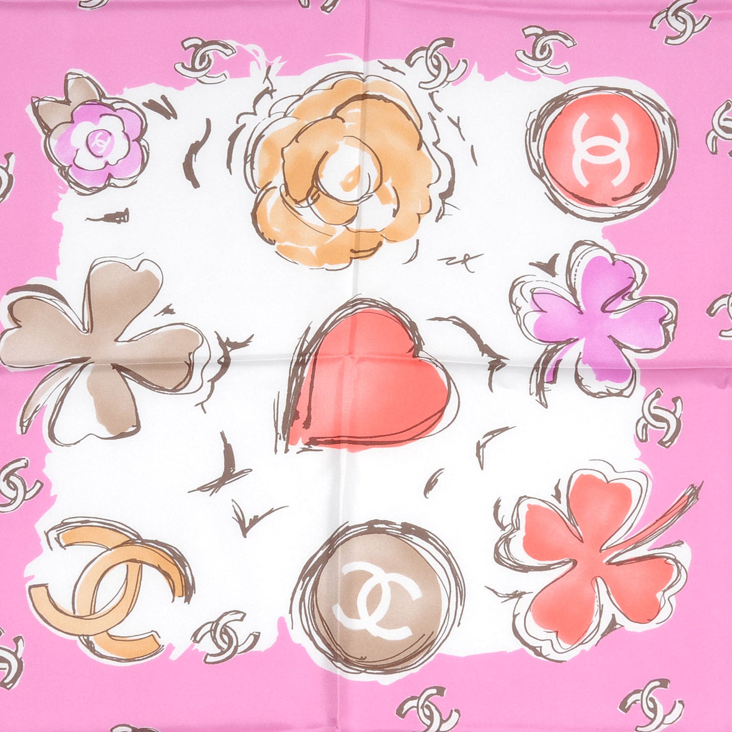 Silk CC Camellia Clover Heart Scarf Pink