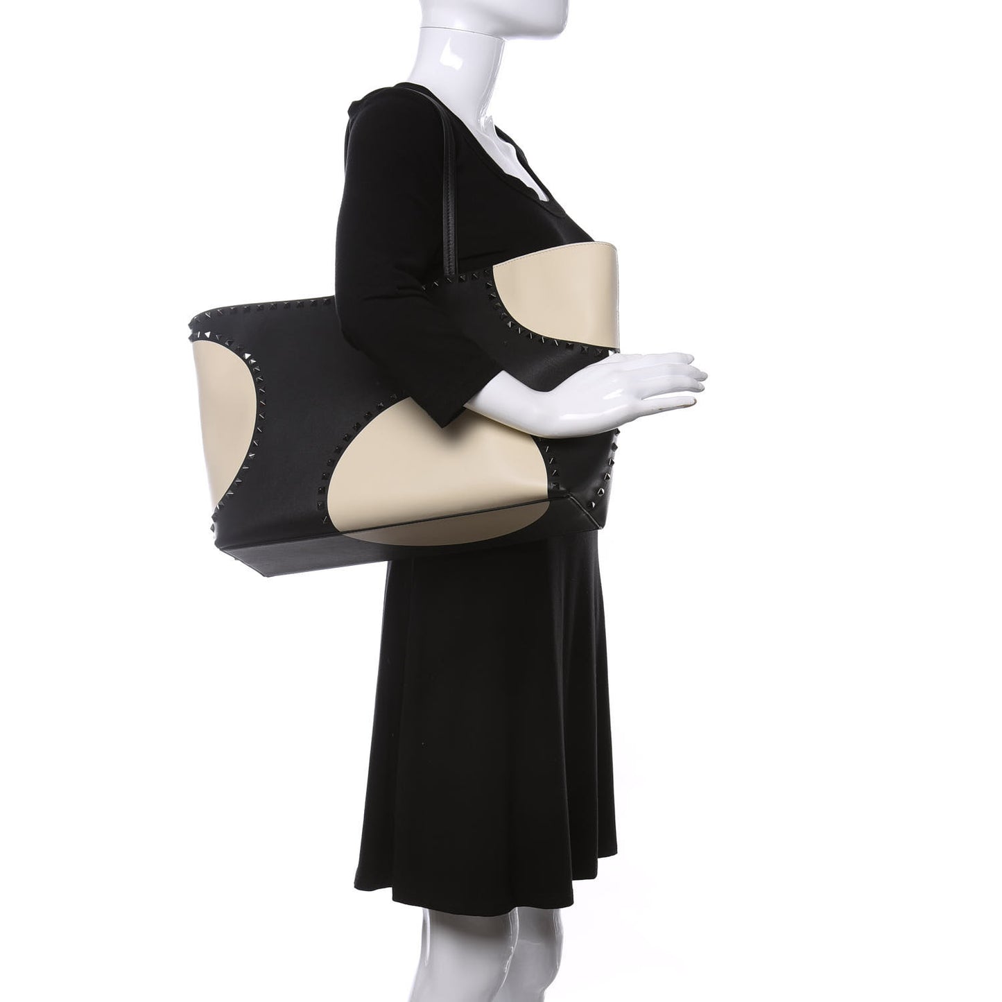 Calfskin Polka Dot Rockstud Shoulder Tote Black Light Ivory