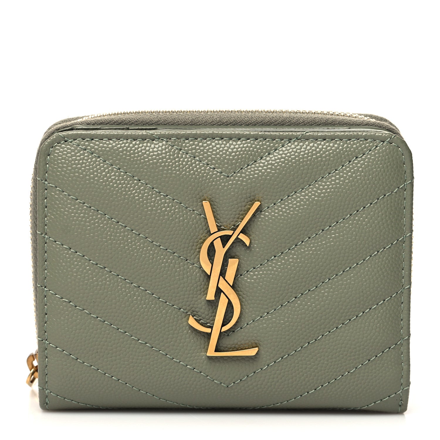 Saint Laurent Grain De Poudre Matelasse Chevron Monogram Compact Zip Around Wallet Vert Kaki 1 of 9