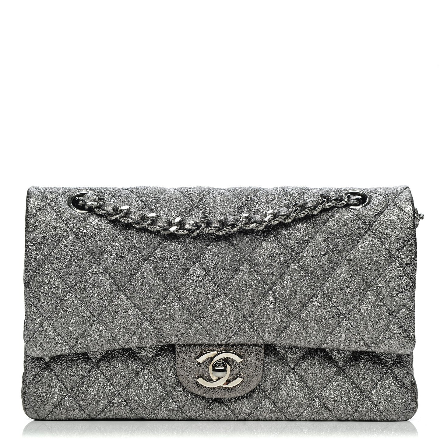 Metallic Crackled Calfskin Medium Double Flap Argent Fonce