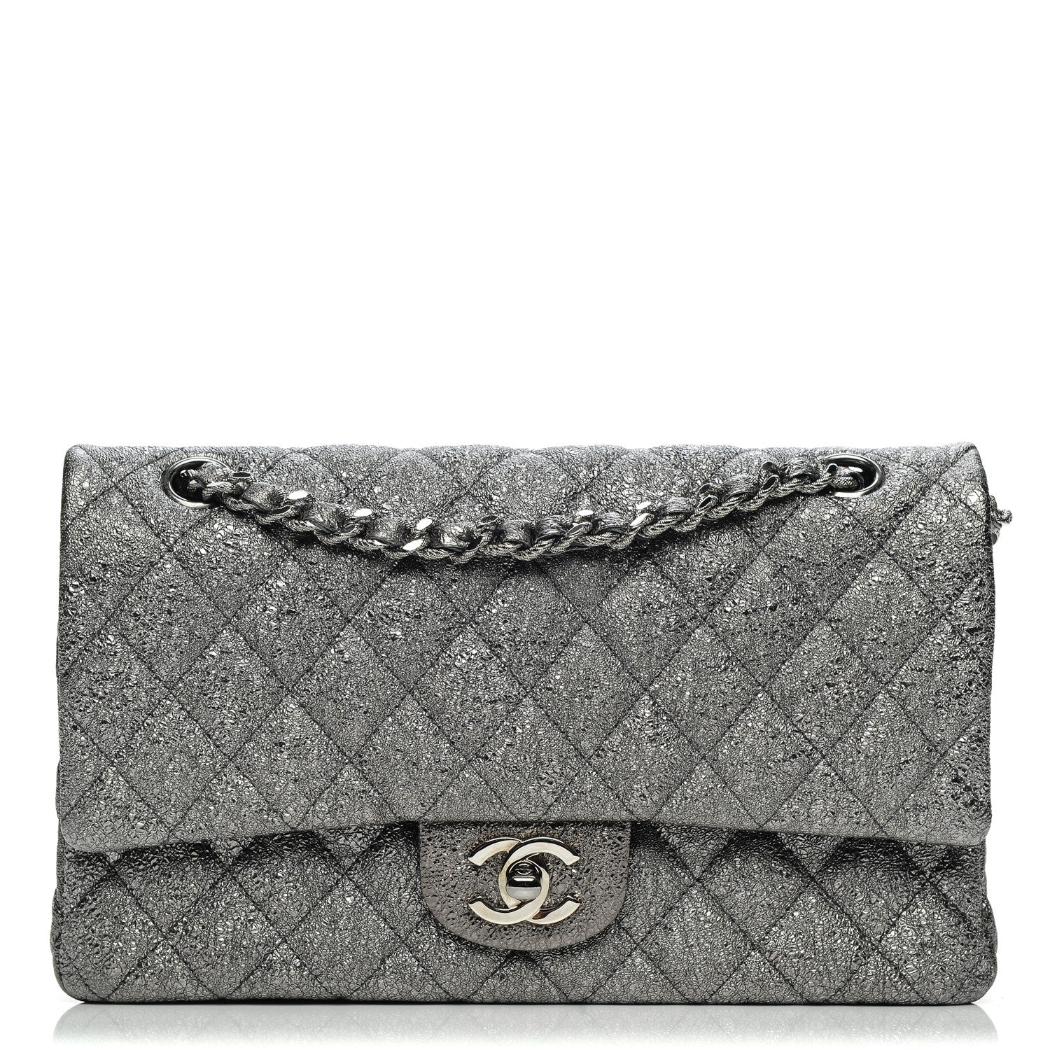 Chanel Metallic Crackled Calfskin Medium Double Flap Argent Fonce 1 of 8