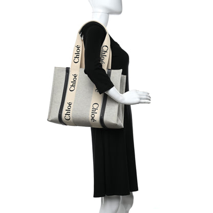 Chloe Cotton Calfskin Medium Woody Ribbon Tote White Black 2 of 9
