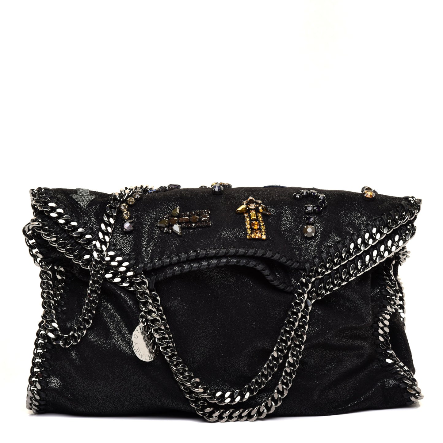 Embellished Shaggy Deer Small Falabella Fold Over Tote Black