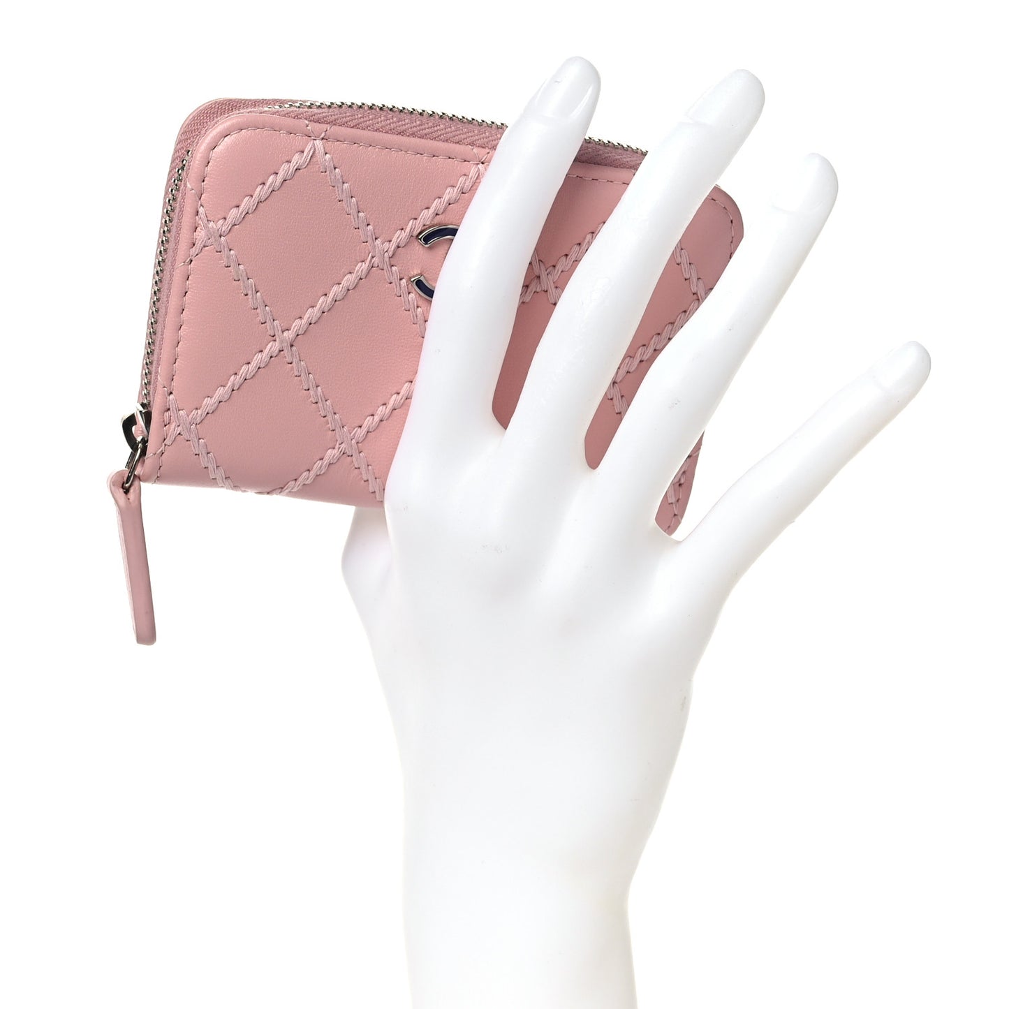 Lambskin Double Stitch Zip Coin Purse Pink