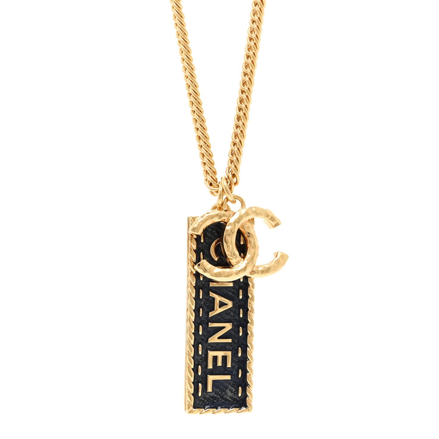 Metal Enamel Denim CC Logo Necklace Gold Blue