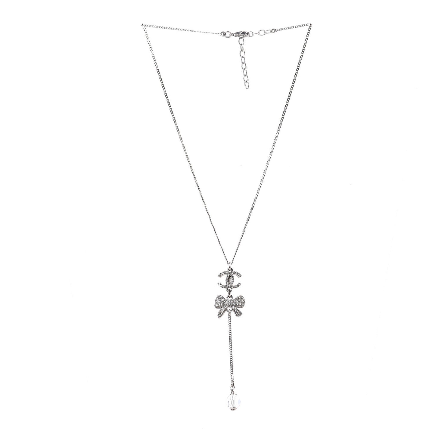 Crystal Resin CC Bow Drop Necklace Silver