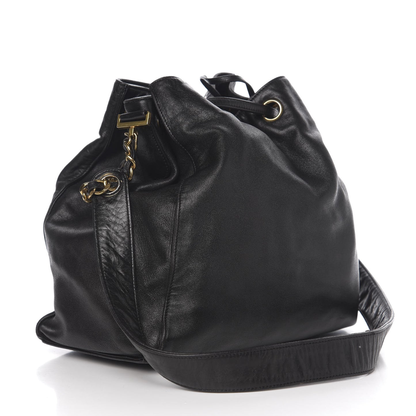 Lambskin CC Stitched Drawstring Bucket Bag Black