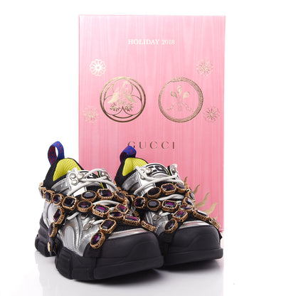 Gucci X SEGA Metallic Calfskin Mesh Removable Crystals Womens Flashtrek Sneakers 35.5 Silver Black 10 of 10
