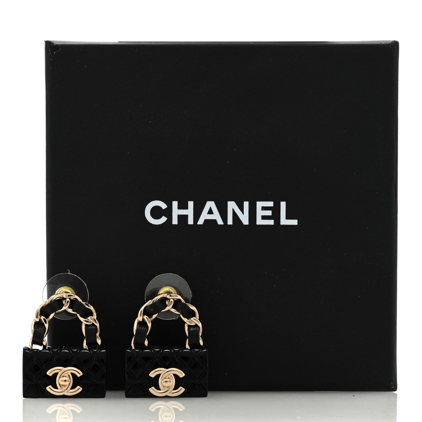Metal Resin Lambskin Quilted CC Turnlock Chain Flap Bag Earrings Black Gold