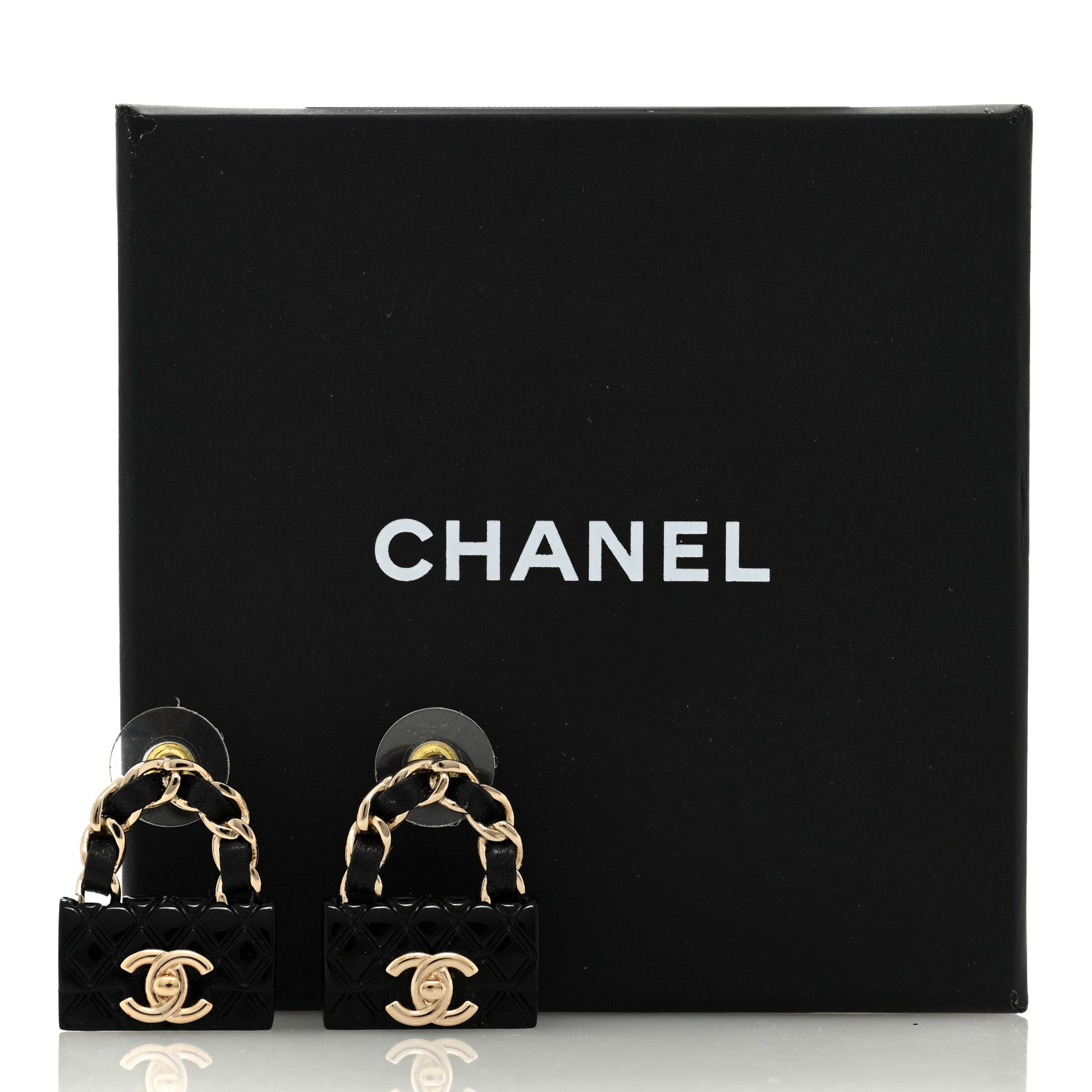 Chanel Metal Resin Lambskin Quilted CC Turnlock Chain Flap Bag Earrings Black Gold 6 of 6