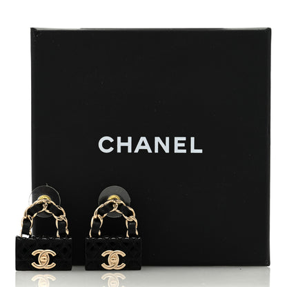 Chanel Metal Resin Lambskin Quilted CC Turnlock Chain Flap Bag Earrings Black Gold 6 of 6